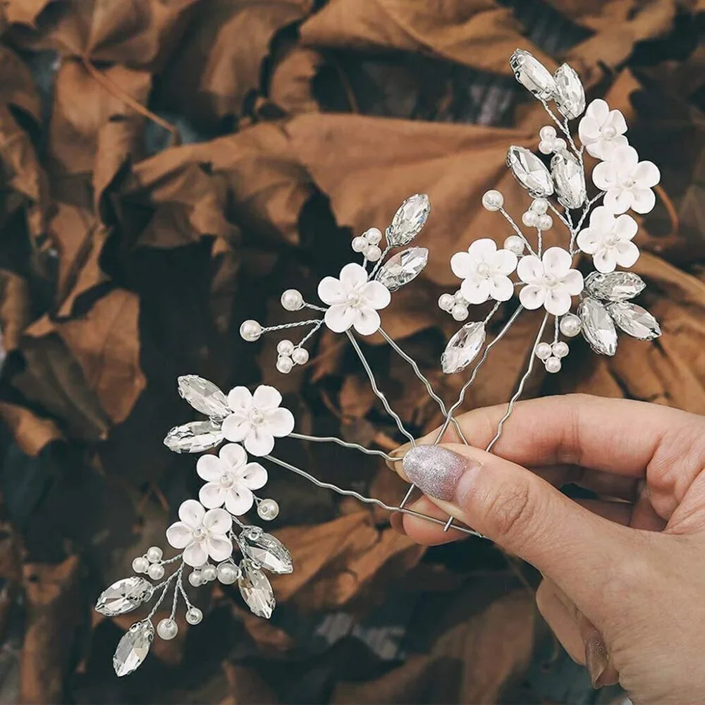 Flower Bride Wedding Hair Pins Silver Crystal Bridal Hair Pieces Pearl Hair Acce